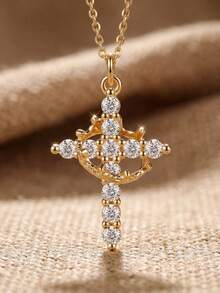 1 pièce Collier vintage en argent sterling 925 avec couronne et croix pour femmes, cadeau d'anniversaire élégant, bijou de luxe minimaliste - Doré - Voir 1