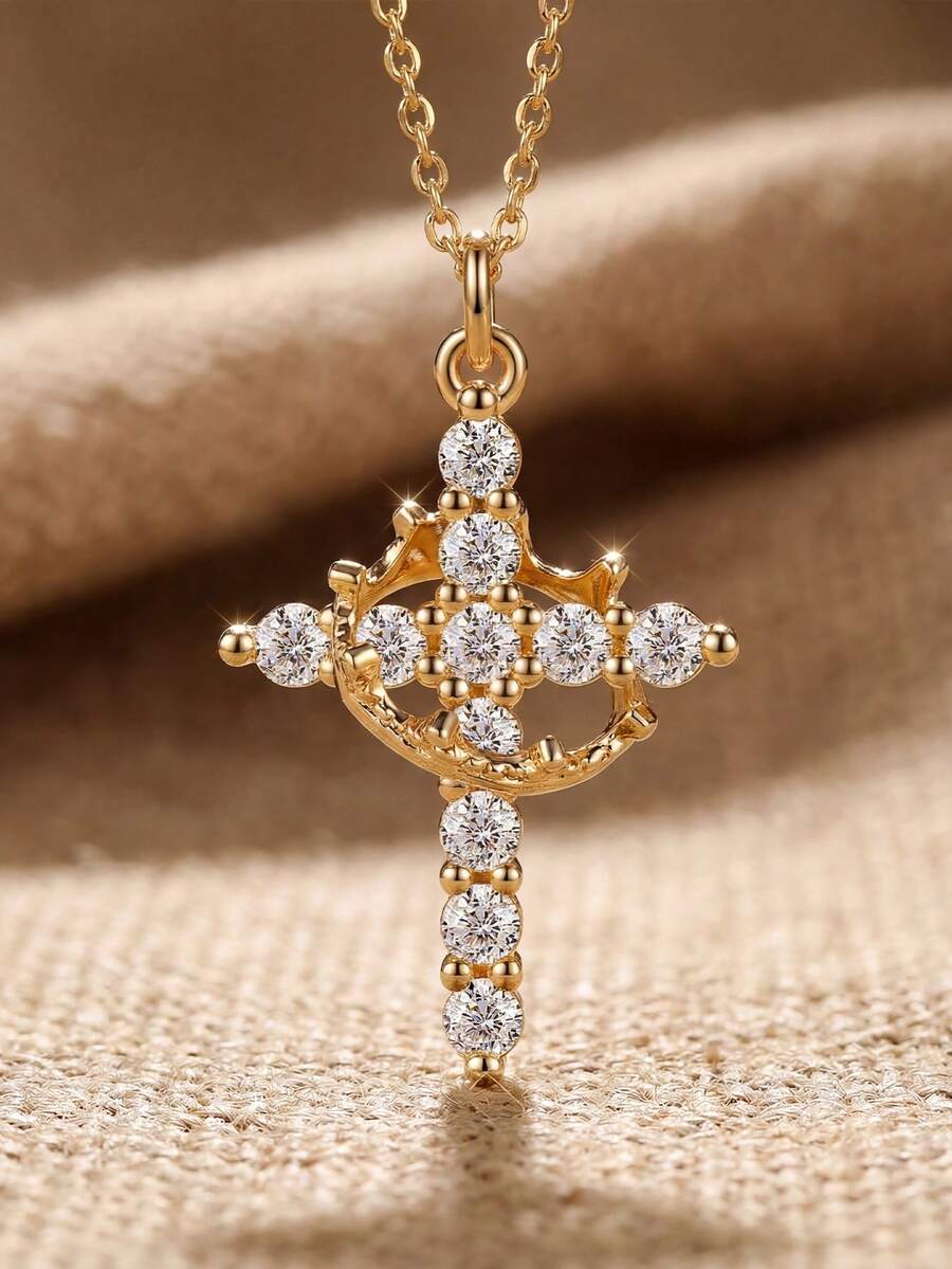 1 pièce Collier vintage en argent sterling 925 avec couronne et croix pour femmes, cadeau d'anniversaire élégant, bijou de luxe minimaliste - Doré - Voir 1
