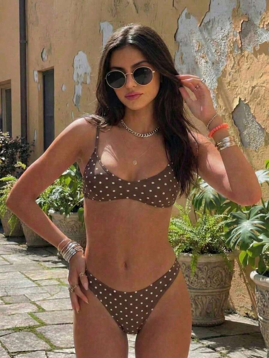 New Arrival Spring/Summer Bohemian Style Adjustable Strap V-Neck Polka Dot Sexy Bikini Set, Suitable For Beach, Vacation, Party - Coffee Brown - View 1