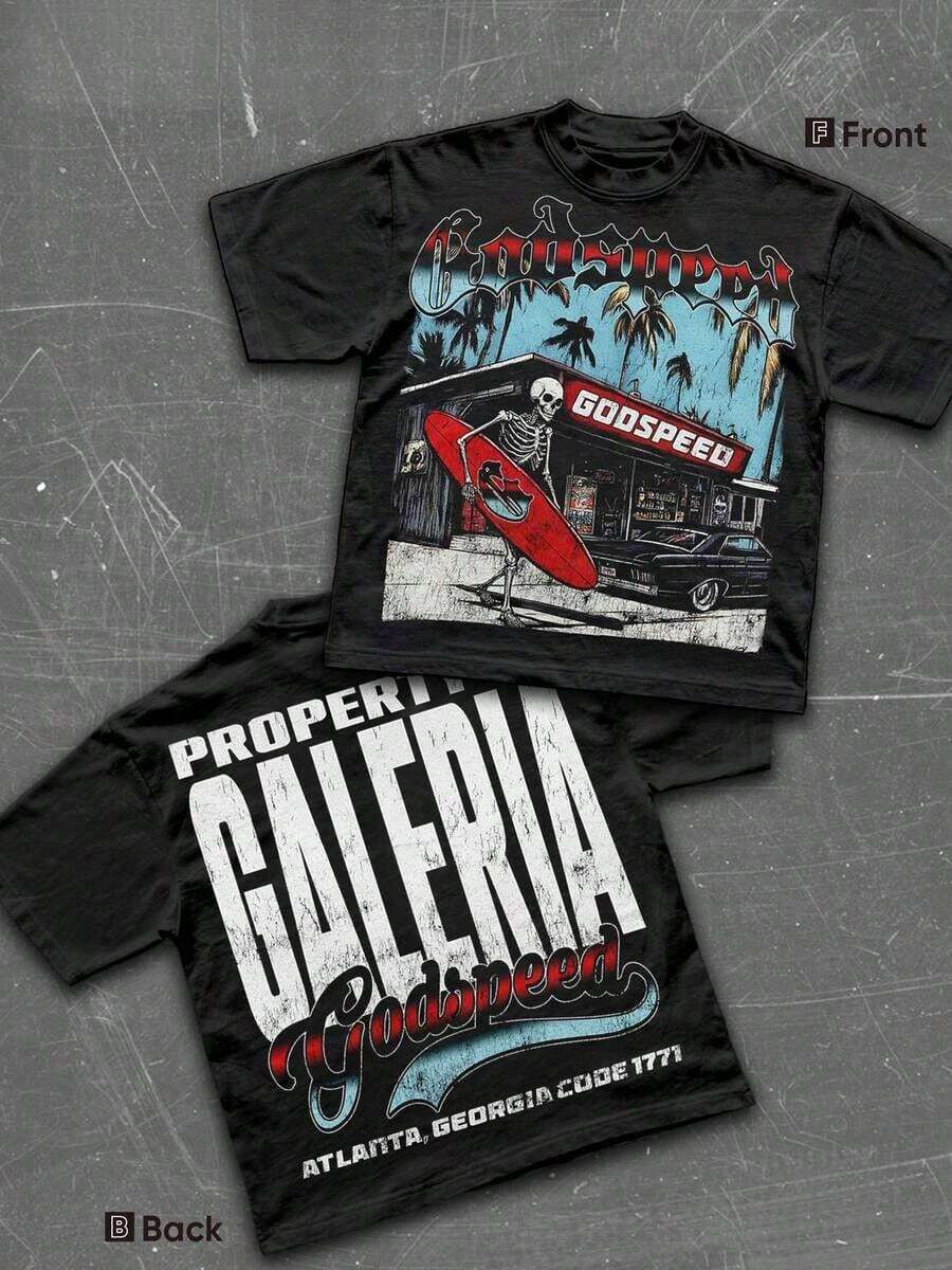 Street Life Men's Y2k Style Graphic Funny Printing (220 Pure Cotton T-Shirt) Godspeed Skull Tee: Surf & Atlanta Vibe,Men's Summer Round Neck Short - 黑色 - 查看 1