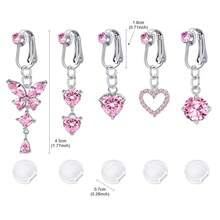 5件装蝴蝶心形爱心立方氧化锆假肚脐环，女士假肚脐环，夹式肚脐环，假肚脐环，无需穿孔饰品，附赠5个硅胶垫 - 彩色 - 查看 2