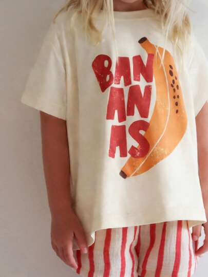 女童休闲香蕉字母印花T恤，宽松圆领短袖上衣，欧美风格，适合夏季度假穿着