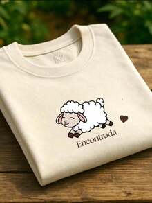 Women's T-Shirt With A Printed Sheep Design, Christian Style, 100% Cotton, Short Sleeves, And Round Neck. - 白色 - 查看 1