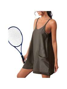 Women's Summer Sleeveless Tennis Golf Outfit, Preppy Sport Skirt Set With Built-In Shorts & Pockets - Dark Grey - View 3