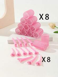 12件套自粘式卷发器套装，含12个鳄鱼夹，适用于长发、中长发、短发、浓密发质、稀疏发质，打造蓬松发型，沙龙级美发工具，DIY发型（粉色），无需加热，美发造型产品及配件，适用于理发店、美容院、返校季、旅行和度假。 - 粉色 - 查看 11