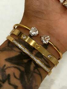 Elegante conjunto de joyería hecho a mano de collar, pulsera y pendientes de trébol de cuatro hojas de acero inoxidable pulido, adecuado para uso diario - Dorado - Ver 1