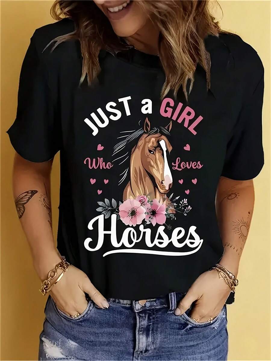 Women's Casual Round Neck Short Sleeve T-Shirt With Horse Graphic Print, Regular Fit Knitted Fabric Top, Everyday Style - 黑色 - 查看 1