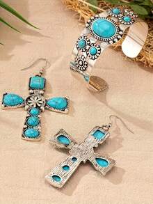 1pc Bracelet + 1 Pair Earrings Bohemian Turquoise Cross Jewelry Set, Versatile Daily & Holiday Wear For Women - Turquoise Cross Earring and Bracelet Set - View 1