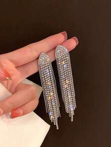 2pcs Fashionable Elegant Rhinestone Design Tassel Earrings, Suitable For Women To Wear For Shopping, Dates And Festivals - Multicolor - View 6