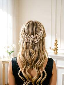 1pc Champagne Crystal Bridal Headband, Leaf Rhinestone Hair Accessory, Silver Wedding Party Luxury Bride Headpiece Gift - Champagne - View 2