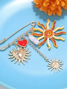 1pc INS Exaggerated UV Sun & Heart Pendant Brooch, Creative Multi-Element Waist Cincher Clip - Multicolor - View 5