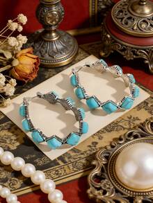Vintage Turquoise Geometric C-Shaped Hoop Earrings, Bohemian Distressed Style Niche Design Earrings For Women - Silver - View 4