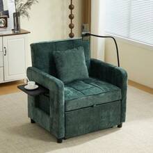 Two-In-One Sleeper Chair, Single Sleeper Sofa, Chenille Armchair (With Cushions And Side Pockets), With A Small Table On One Side And A Storage Bag On The Other, Complete - Green - View 4