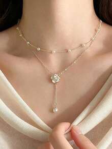 1pc Gold Double Layer Camellia Faux Pearl Necklace, Elegant Camellia Faux Pearl Tassel Choker Necklace, Stylish Bridal Wedding Necklace, Suitable For Wedding, Date, Party, Birthday, Women  Gift Valentine's Day Valentines2026 - Gold - 查看 6