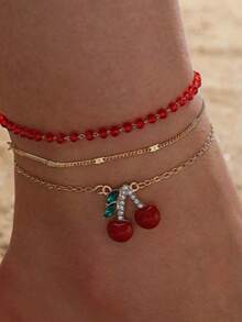 3件套甜美樱桃吊坠脚链，可爱樱桃流苏脚链套装，时尚百搭，适合日常佩戴、海滩派对等场合。 - 彩色 - 查看 1