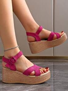 7厘米厚底极简绑带红色防水厚底高跟凉鞋，夏季必备 - 玫紅色 - 查看 4