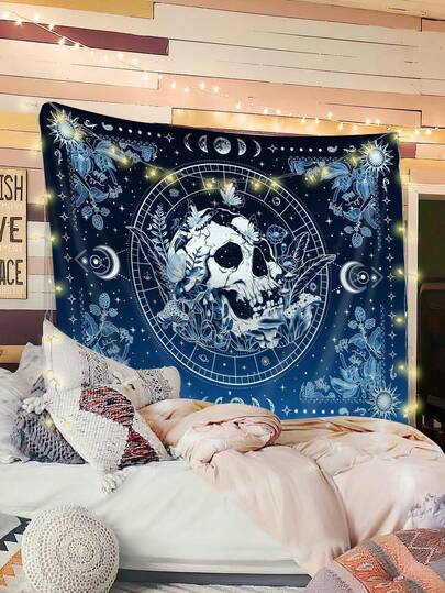 1 pieza Tapiz con estampado de calavera y luna, decoración de pared cuadrada moderna de poliéster adecuada para sala de estar y dormitorio
