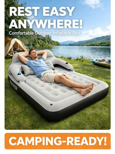 1 chiếc đệm hơi bơm hơi kèm gối và tựa lưng, thích hợp cho ngủ trong nhà, ngoài trời, cắm trại và trên bãi biển.
