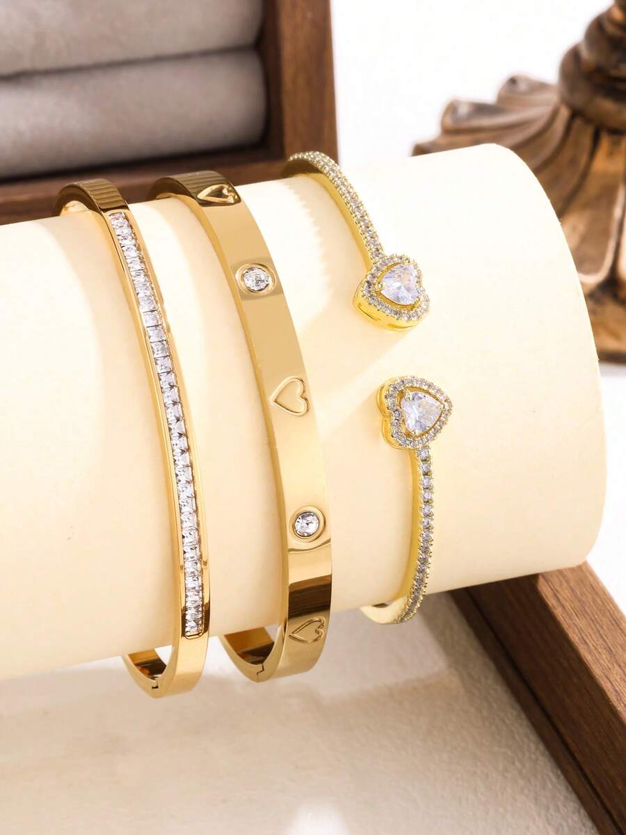 1/3 pezzi Set di braccialetti a fascia in acciaio inossidabile placcato oro 18K con strass a forma di cuore, braccialetto aperto in rame placcato oro 14K con zirconia cubica, accessori di moda per uso quotidiano delle donne, regalo per le vacanze - Oro giallo - Visualizzare 1