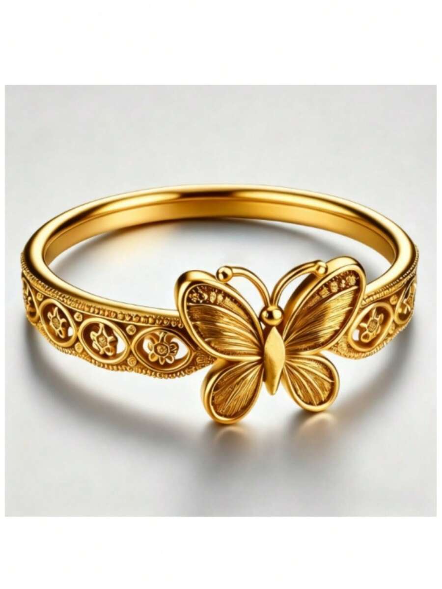 Vintage Elegant Butterfly Pattern, Hollow Printed Gold Ring, Delicate Jewelry For Women, Suitable For Daily Gatherings And Commemorative Gifts (Gold) - Gold - View 1