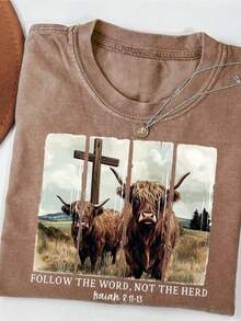 Summer Clothes Women, Washed Cotton Women's T-Shirt, Fun Christian Retro T-Shirt. Follow The Word Of God Instead Of Following The Crowd. Western Retro - 咖啡色 - 查看 1