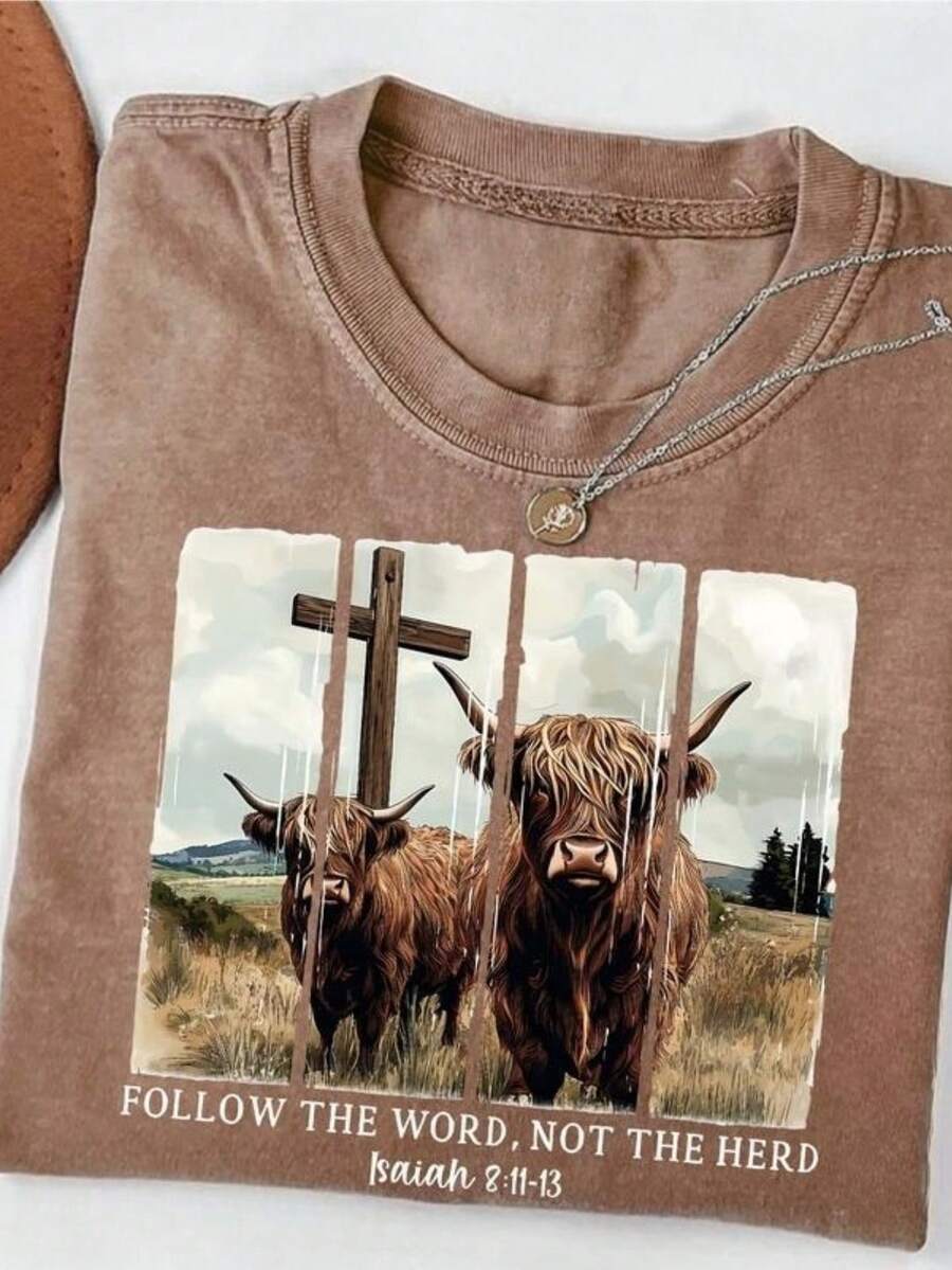 Summer Clothes Women, Washed Cotton Women's T-Shirt, Fun Christian Retro T-Shirt. Follow The Word Of God Instead Of Following The Crowd. Western Retro - 咖啡色 - 查看 1