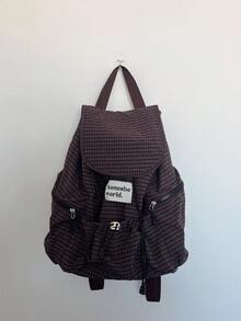 Ba lô nylon kẻ caro thời trang, dung tích lớn, nhiều ngăn, chống thấm nước, nhẹ, có thể gấp gọn, dây rút, có miếng dán chữ, thích hợp cho mùa hè. - Cà phê nâu - Xem 7