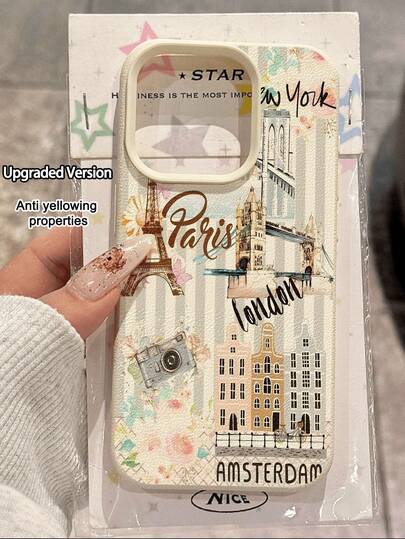 1pc Fashion Personalized Travel City London Paris New York Pattern Litchi Texture Anti-Fall Anti-Slip Soft Phone Case Protective Cover Compatible With Apple, Phones