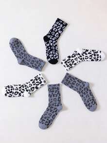 6 Pairs Women's Leopard Print Mid-Calf Socks, Black White Gray, Fashionable Minimalist Unique Retro Streetwear Design, Suitable For Casual Outfits - Multicolor - View 5