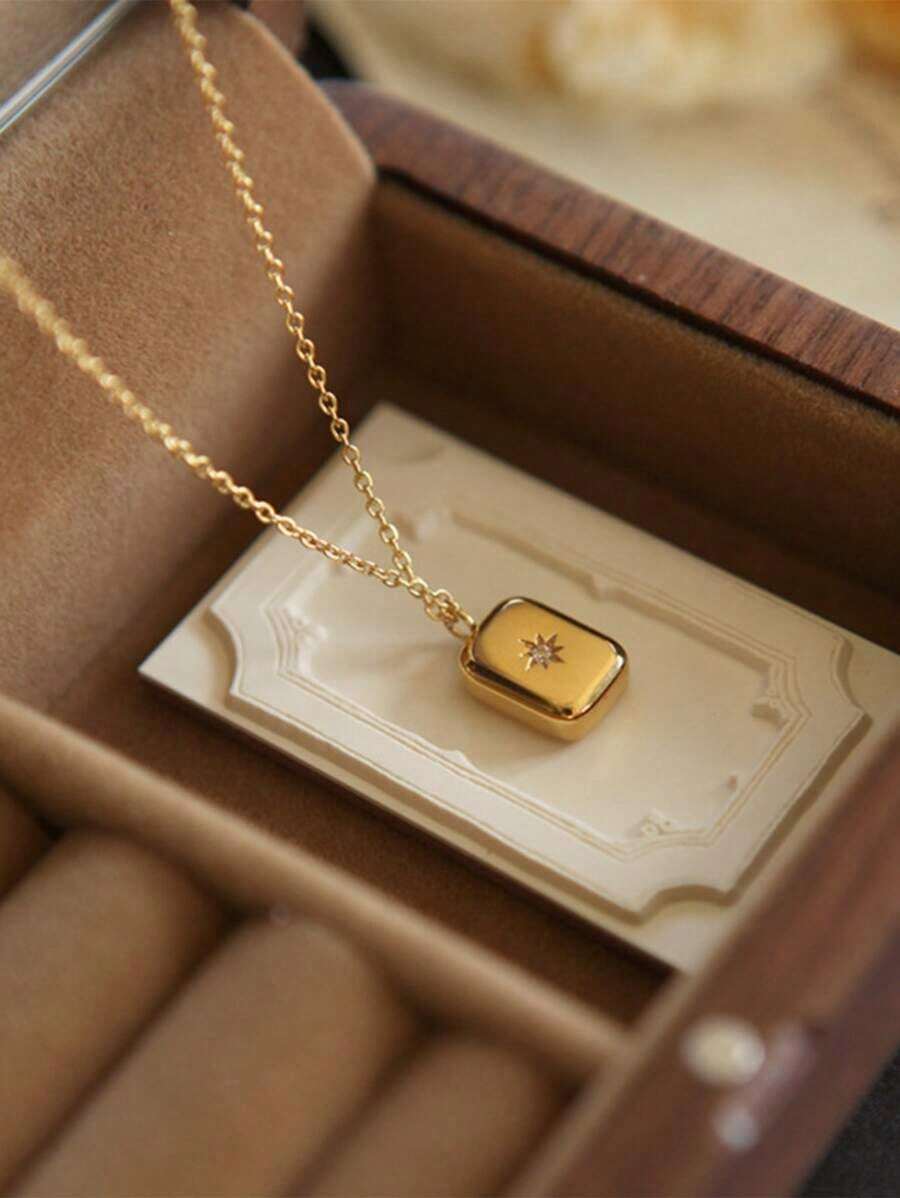 Stainless Steel Waterproof & Fade-Resistant Women's Octagram Gemstone Rectangular Block Necklace, Suitable For Daily Wear - Small Eight-pointed Star - View 1