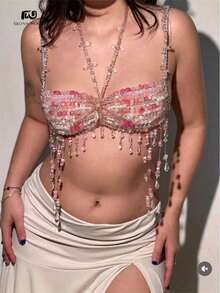 Glossmoon Pink Beads Festival Top Body Chain Chest Chain Body Chain Bikini Jewelry Beachwear Music Festival Nightclub Outfit - 粉紅色上衣 - 查看 6