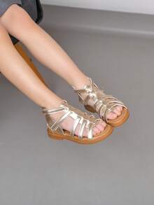 1 Pair Baby Woven Lace-Up Hollow Sandals, Gold PU Non-Slip Open Toe Flat Roman Style Cute Princess Shoes, Suitable For Summer Toddler - Champagne - View 10