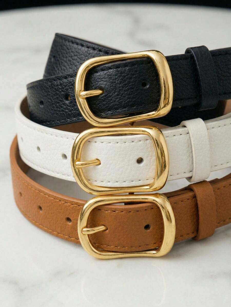 Women's Belt Set VALEY Gold Metal Faux Leather Minimalist Fashion Blogger Unisex Daily Wear Simple Casual 2024 Popularity Beautiful Season Black White Brown Caramel Pink Current Size Stitched Occasional Versatile Vintage - 套裝包含3個單元(黑色,焦糖色,白色) - 查看 1