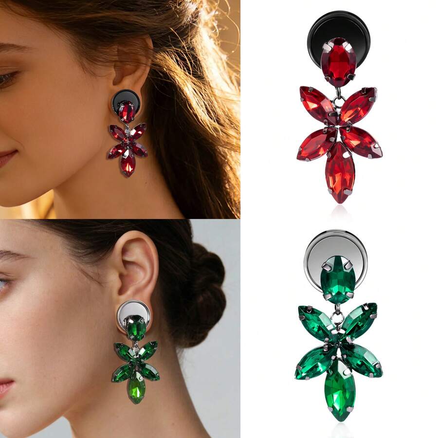 2个闪亮水晶吊坠316不锈钢耳塞 | 优雅耳扩 | 低过敏性身体饰品，适合婚礼和派对 - style-1 - 查看 1