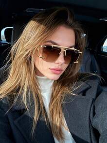 1pc Asymmetrical Polygon Frameless Metal Fashion Glasses With Double Bridge, Elegant Design For Women - Gold Frame Dark Brown Lenses - View 3
