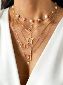 11pcs Y2K Boho Style Layered Necklace Set, Shiny Star, Butterfly, Heart, Moon Pendant Necklaces, Minimalist Jewelry For Dates And Parties - Multicolor - View 10