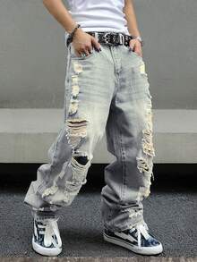 Mens Ripped Baggy Jeans Loose Fit Distressed Denim Pants Light Wash Y2K Streetwear Wide Leg Style - Champagne - View 2