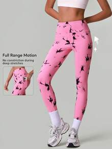 Women Wide Waistband Fashion Tie-Dye Print Fitness Yoga Leggings High-Waisted Tummy Control Running Sports Pants Athletic Training Active Tights - Hot Pink - View 2