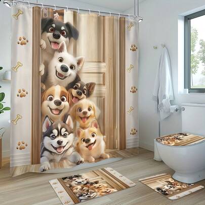 1/4pcs - Funny Dog Shower Curtain Set, Including Waterproof Shower Curtain With 12 Plastic Hooks, Anti-Slip Floor Mat, Toilet U-Shaped Mat, Cover Mat, Cartoon Cute Watercolor Puppy Wooden Door Paw Print Animal Modern Waterproof Bathroom Home Decor