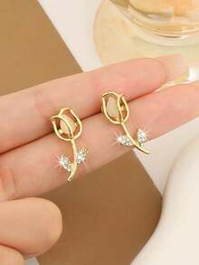 一对小众设计郁金香耳环，奢华时尚百搭优雅锌合金耳环 - 金色 - 查看 3