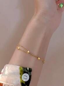 1 pieza Brazalete de acero inoxidable ligero de doble capa con diseño de hueso de serpiente dorado, joyería básica geométrica de acero de titanio para uso diario - Amarillo Oro - Ver 1