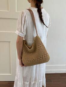 优雅时尚大容量镂空设计手工编织手提包，适合日常出行、海滩度假和休闲活动 - 彩色 - 查看 3