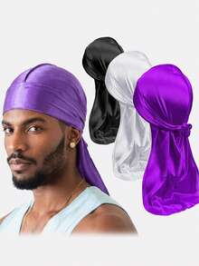 3pcs Men's Faux Silk Long Tail Fashion Bandana Hats, Pirate Headwrap Suitable For Daily Use - Multicolor - View 12
