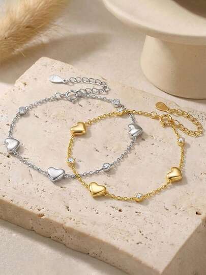 ORSA JEWELS 1 Piece 100% S925 Silver 14k Gold Heart Shaped Chain Bracelet With 4A Zirconia Romantic Jewelry For Women, Men Hand Acceossory Suitable For Valentine's Day, Anniversary Gift And Wedding Party Low Allergy And Fade Resistant