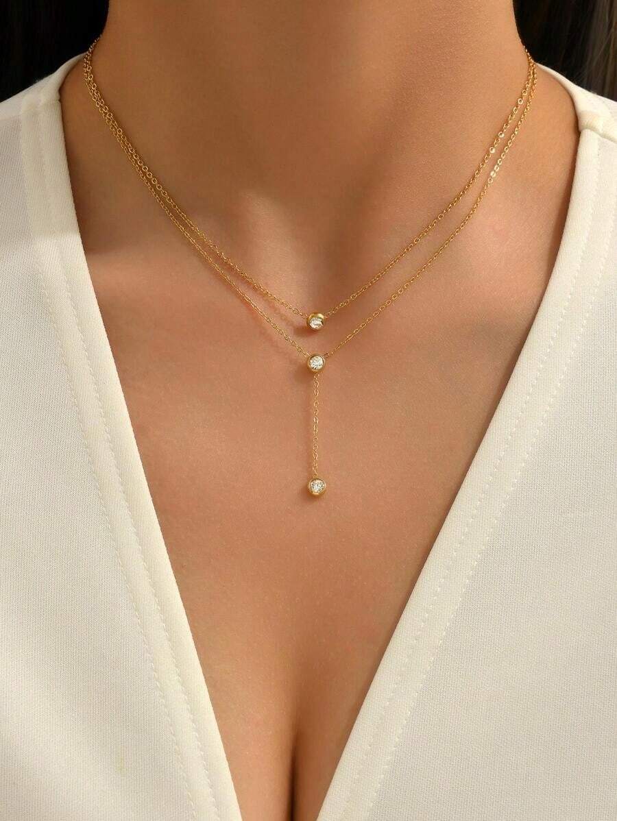 Cubic Zirconia Decorated Multi-Layer Cross Pendant Necklace - màu xanh lá - Xem 1