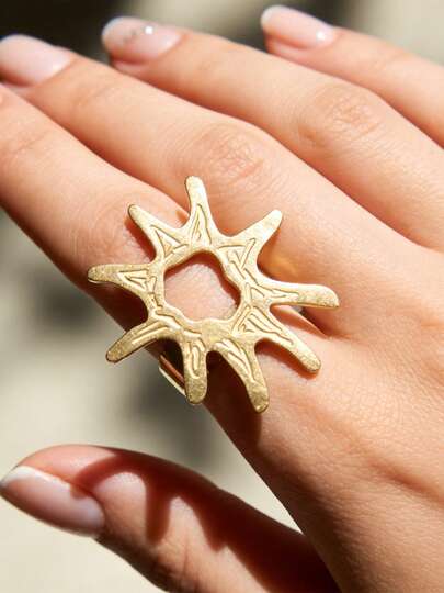 Mazuer 1pc 18K Gold Plated Stainless Steel Vintage Adjustable Sun Ring, Bohemian Style Jewelry Gift For Women, Suitable For Music Festivals & Daily Wear