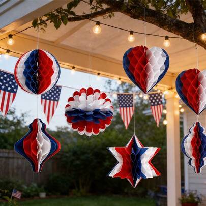 1pc Patriotic Honeycomb Ball Tissue Paper Pom Pom Decor, Veterans Day Red White Blue Balloon Tissue Paper Pom Pom Flower, Independence Day Red White Blue Party Decoration Gift