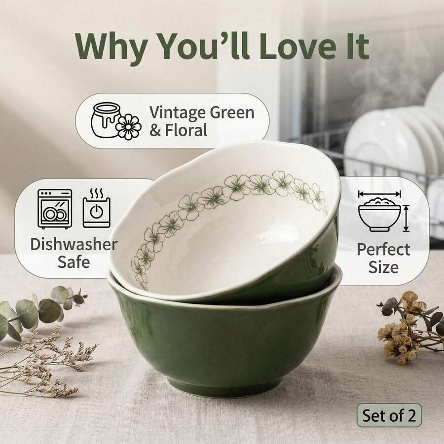 2 piezas, Tazones cerámicos de estilo retro francés de 5.8 pulgadas, diseño delicado, Body de tazón ligero, adecuado para arroz, sopa, ensalada y talla grande; apto para microondas y lavavajillas, apilable - Verde - Ver 1