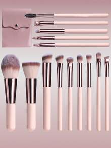 BS-MALL Portable Mini 14pcs Travel Makeup Brush Set With Pink Brush Holder, High Cost-Effective Seamless Makeup Application Tools, Foundation Brush, Eyeshadow Brush, Concealer Brush, Full Face Brush Set - Apricot - View 1