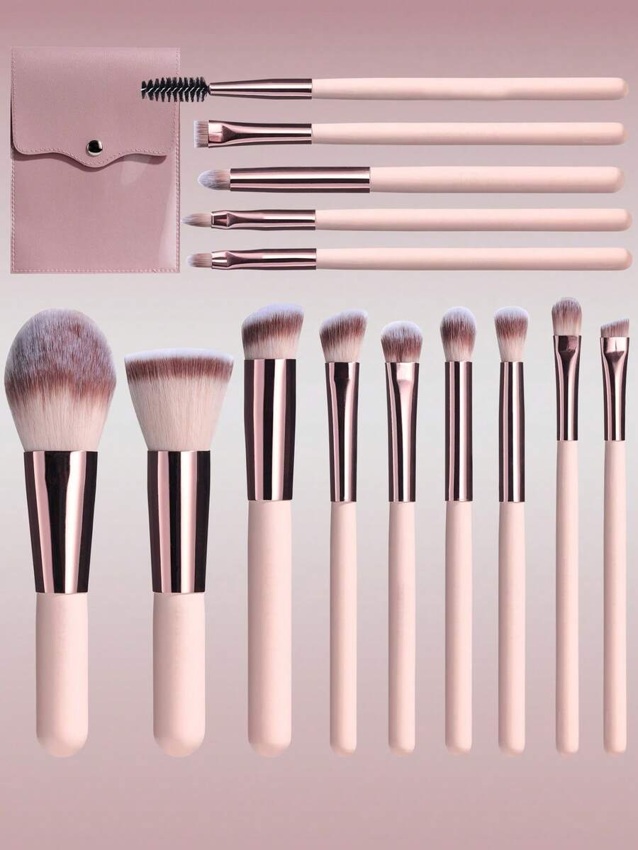 BS-MALL Portable Mini 14pcs Travel Makeup Brush Set With Pink Brush Holder, High Cost-Effective Seamless Makeup Application Tools, Foundation Brush, Eyeshadow Brush, Concealer Brush, Full Face Brush Set - Apricot - View 1
